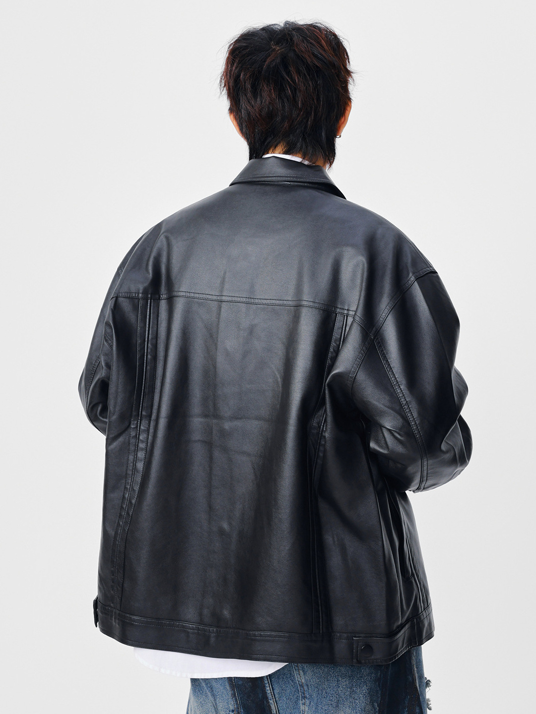 レザージャケット ゆったりシルエット襟付き本革ライダースジャケット