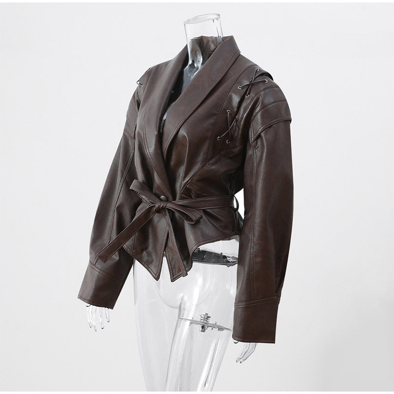 レザージャケット ボリューム袖ウエストベルト付本革ジャケット