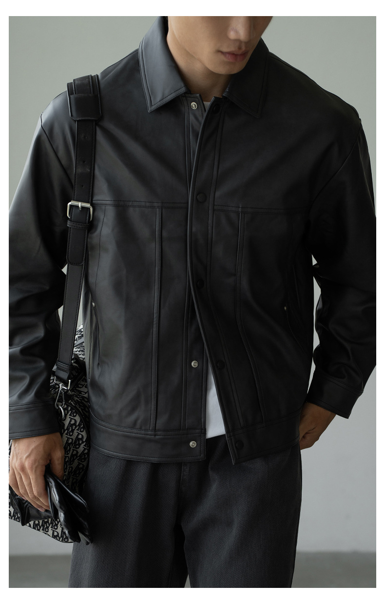 レザージャケット シャツ襟デザインシングルボタンライダースジャケット
