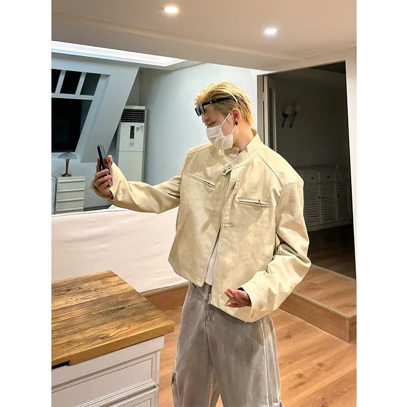 レザージャケット 立襟スタッズ装飾ショート丈ライダースジャケット