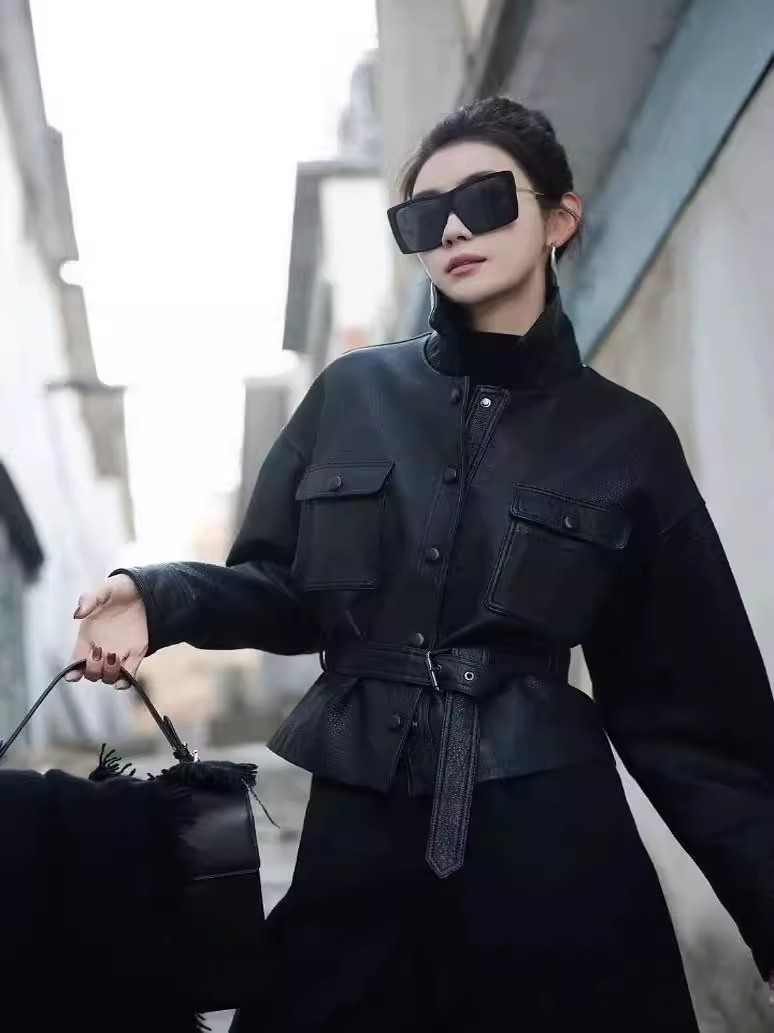 レザージャケット ウエストベルト付きレディース本革ショート丈ジャケット