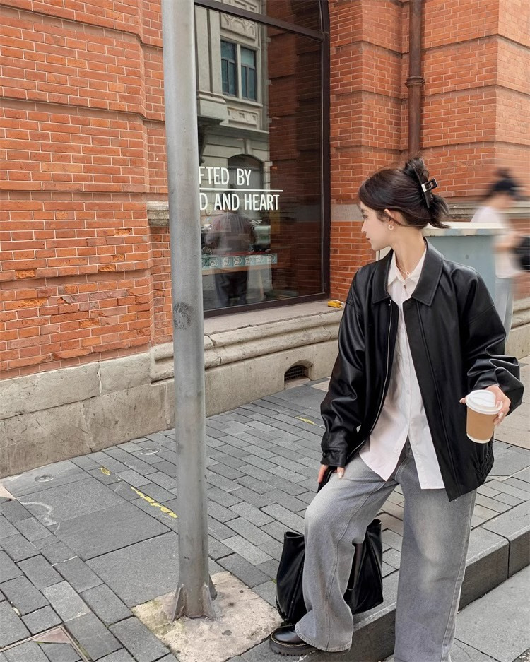 レザージャケット ゆったりシルエット本革ジップアップブルゾン