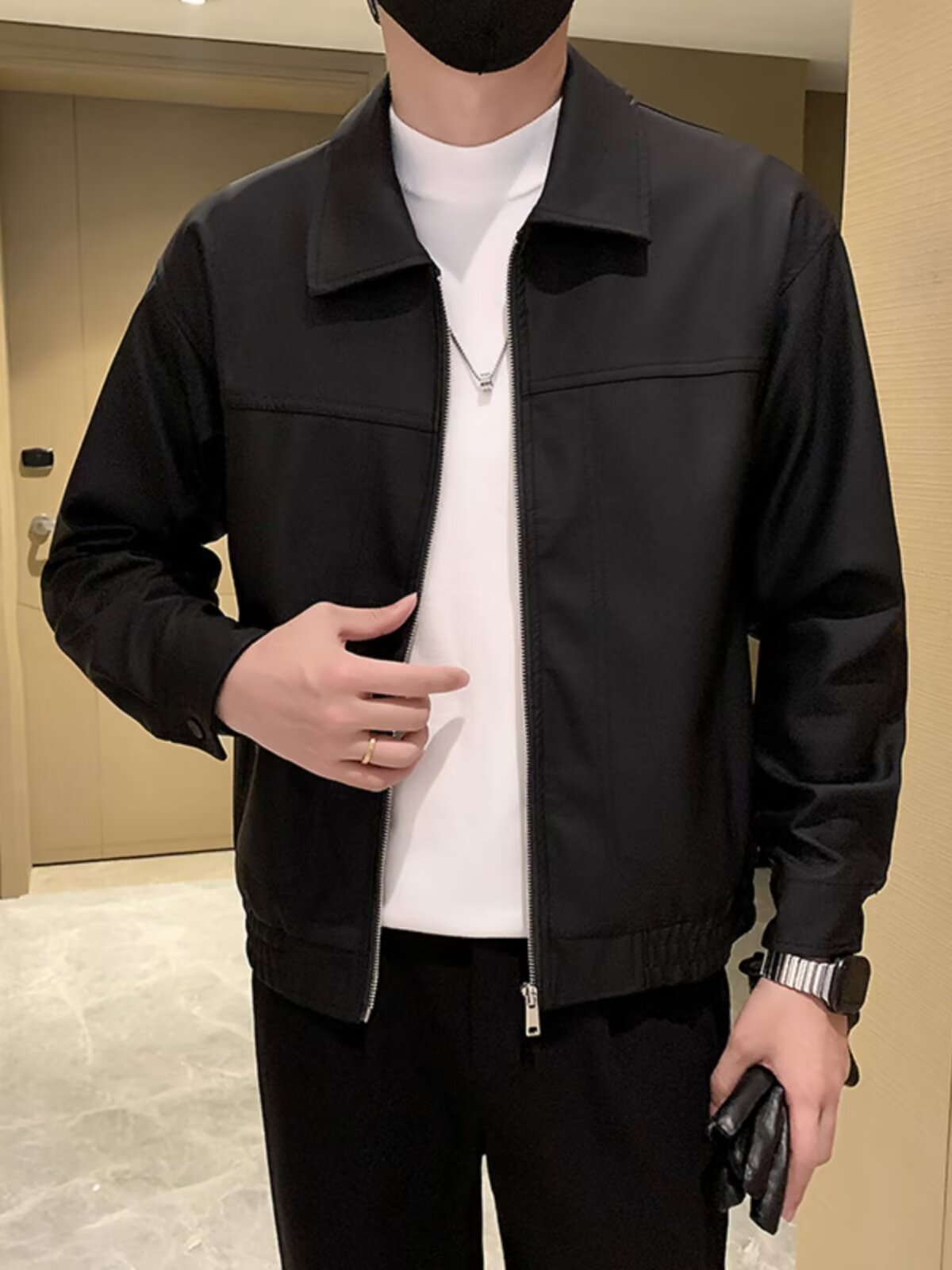 レザージャケット 襟付きシンプルジップアップライダースジャケット