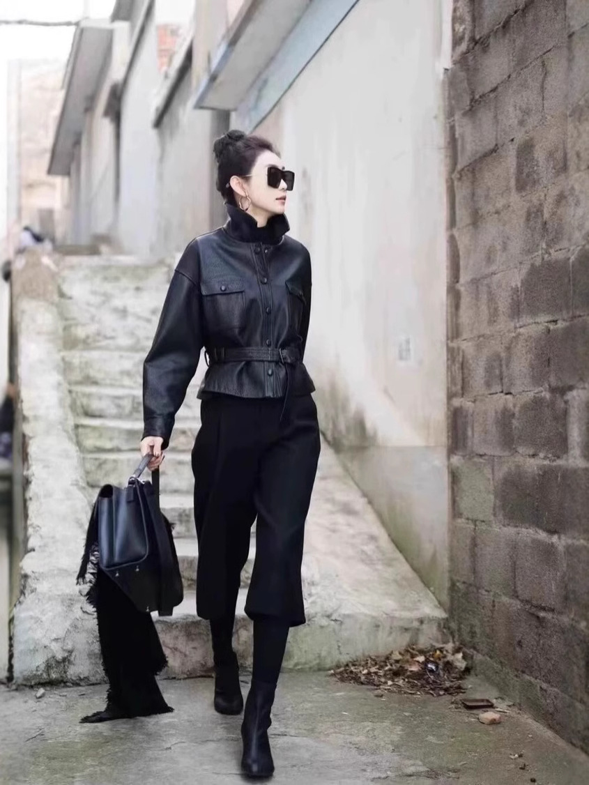 レザージャケット ウエストベルト付きレディース本革ショート丈ジャケット