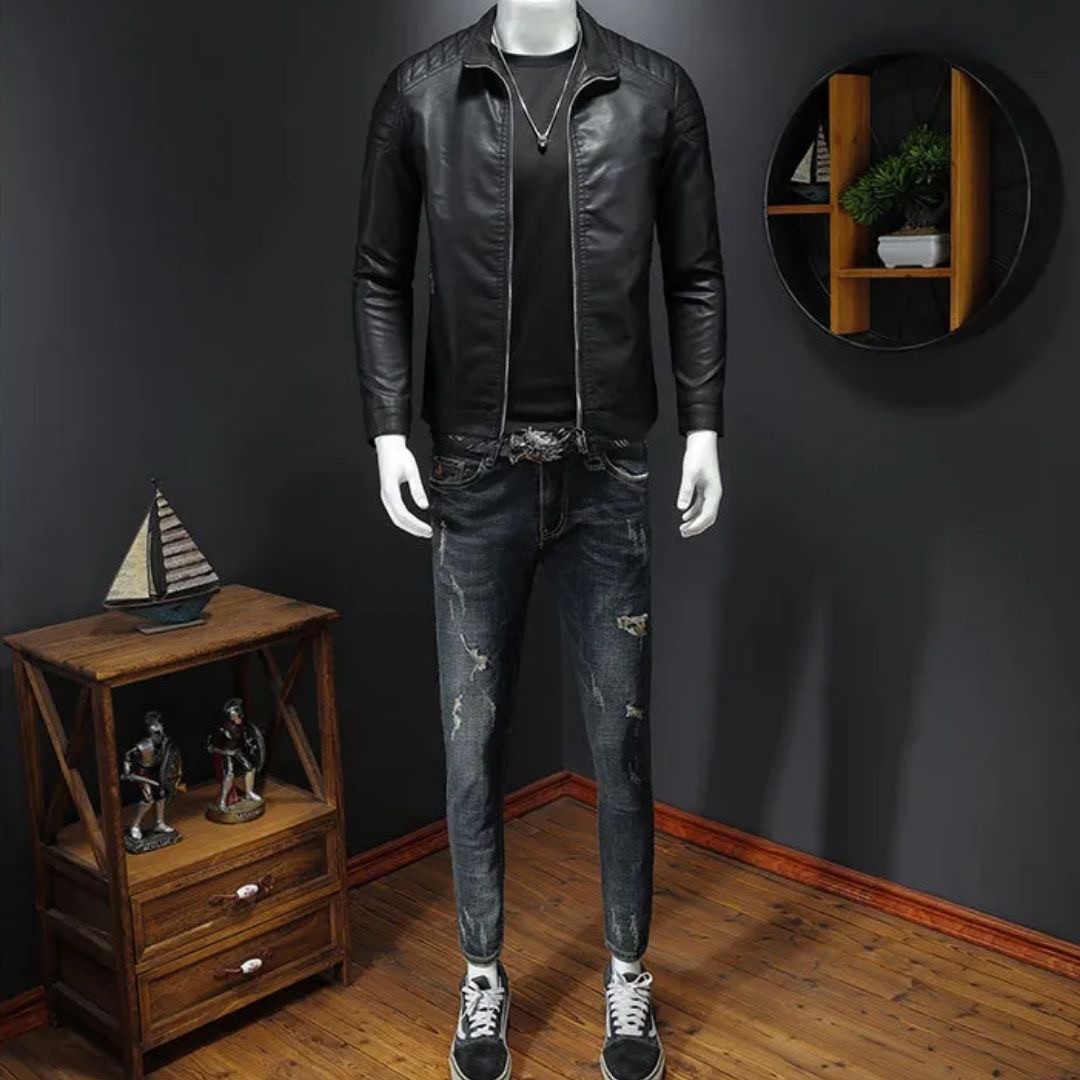 メンズ レザージャケット ライダース風 ジップアップ 黒青二色