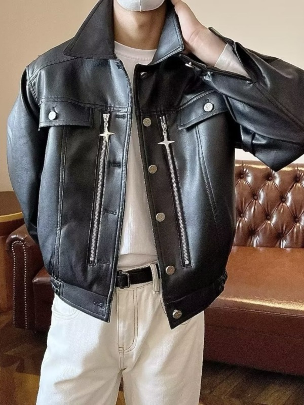 レザージャケット 合成皮革フード付きブルゾンジャケット
