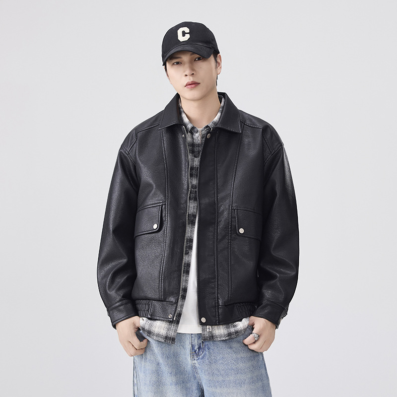 レザージャケット 襟付きショート丈レザージャケット