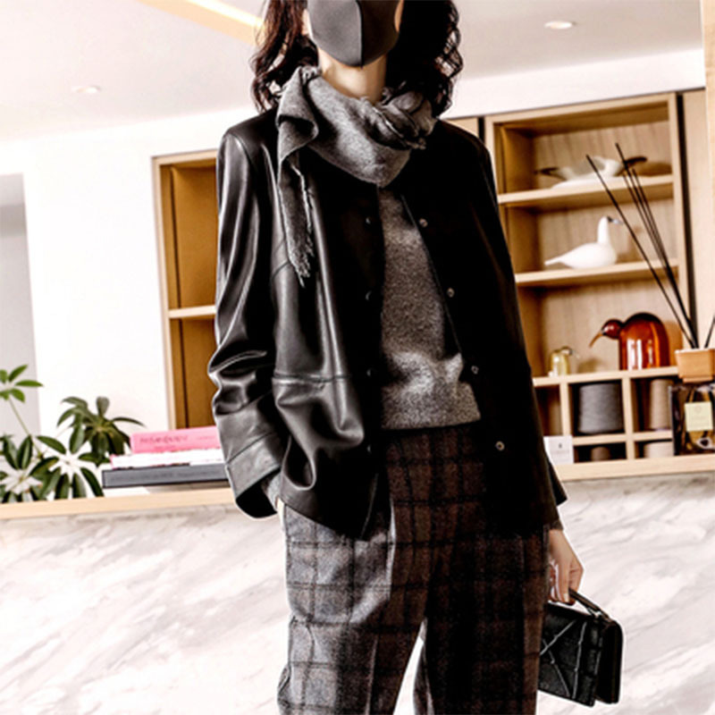 レザージャケット 本革ノーカラーダブルボタンロングジャケット