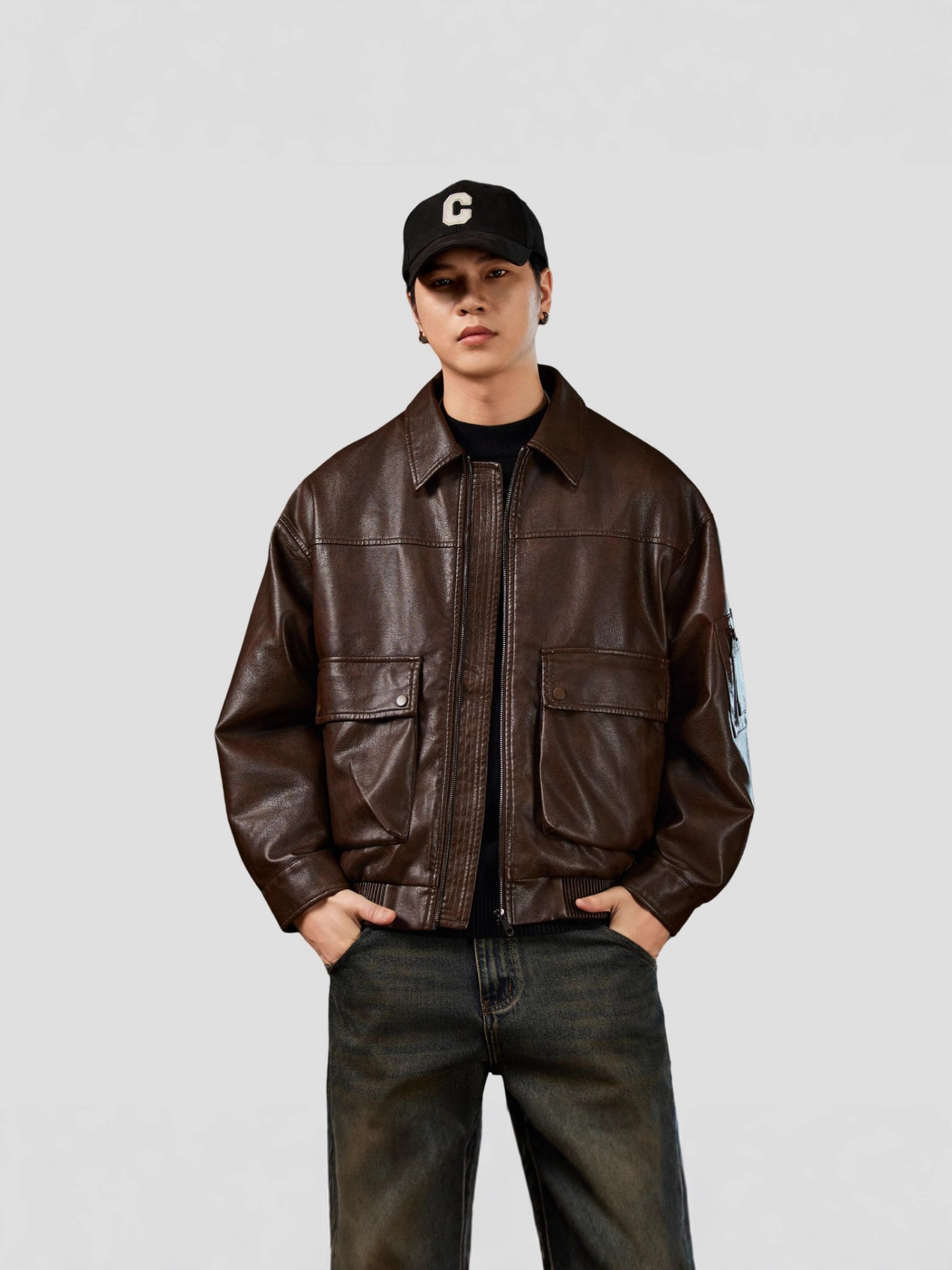 レザージャケット 襟付き本革ボンバージャケット袖ポケット付き