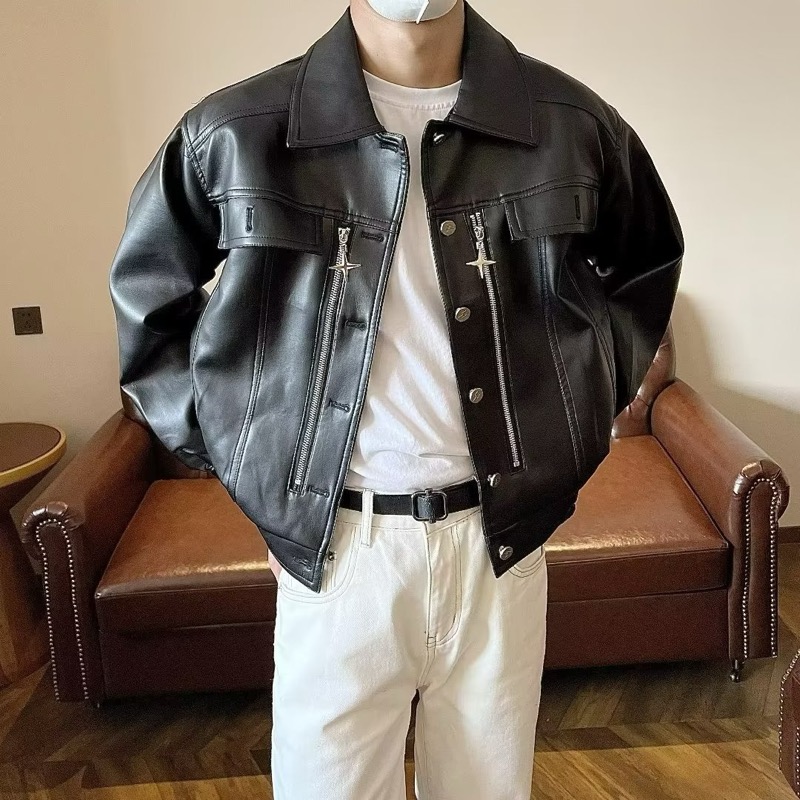 レザージャケット 合成皮革フード付きブルゾンジャケット