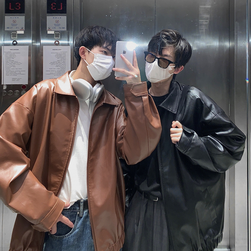 レザージャケット ゆったりシルエット襟付き本革ジャケット オーバーサイズ