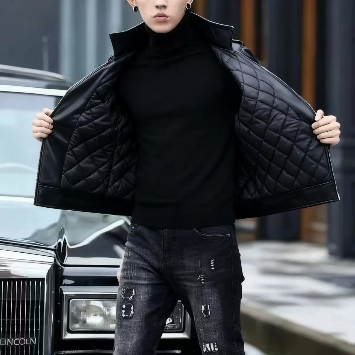 レザージャケット キルティング中綿入り本革ライダースジャケット