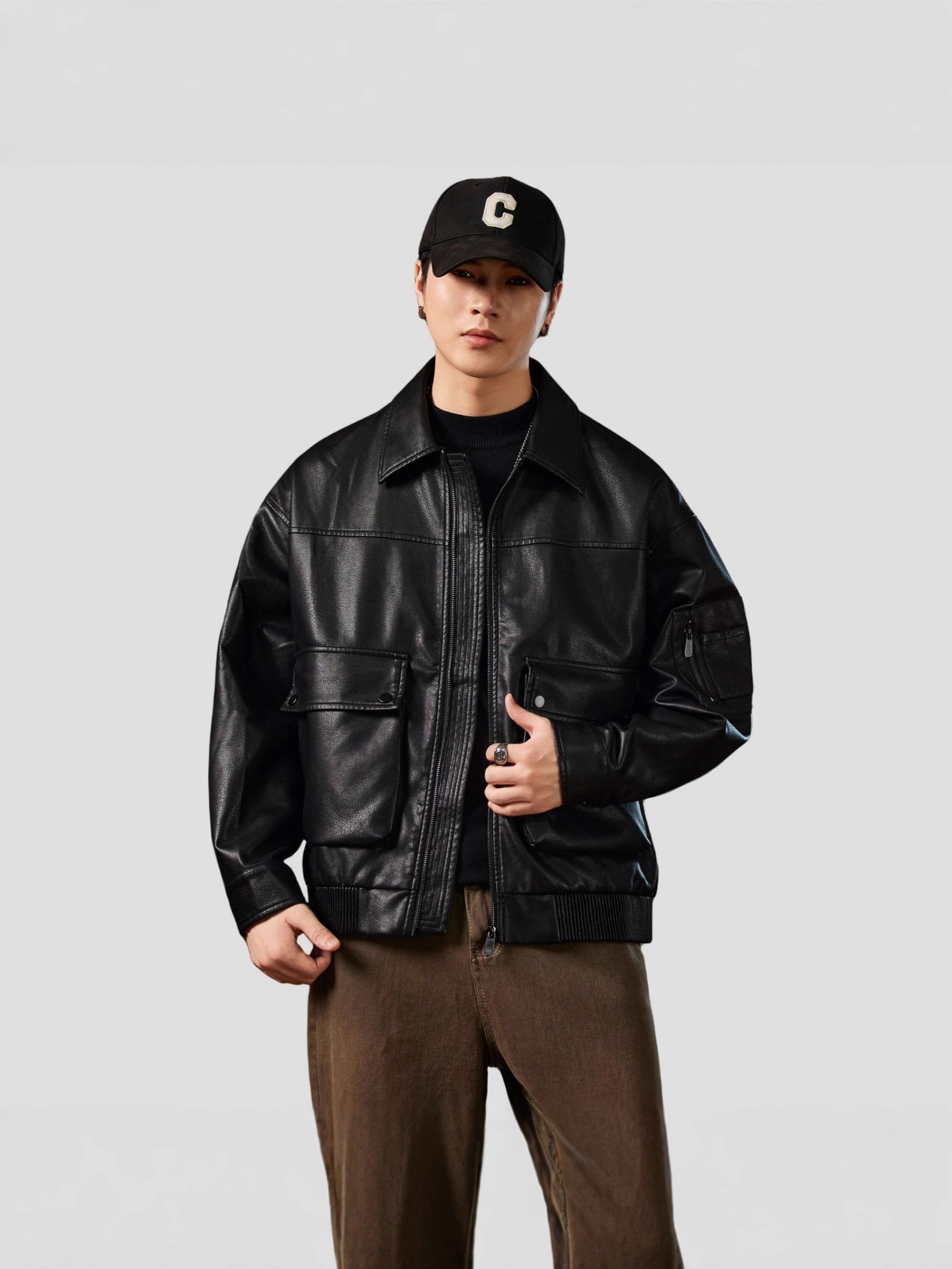 レザージャケット 襟付き本革ボンバージャケット袖ポケット付き