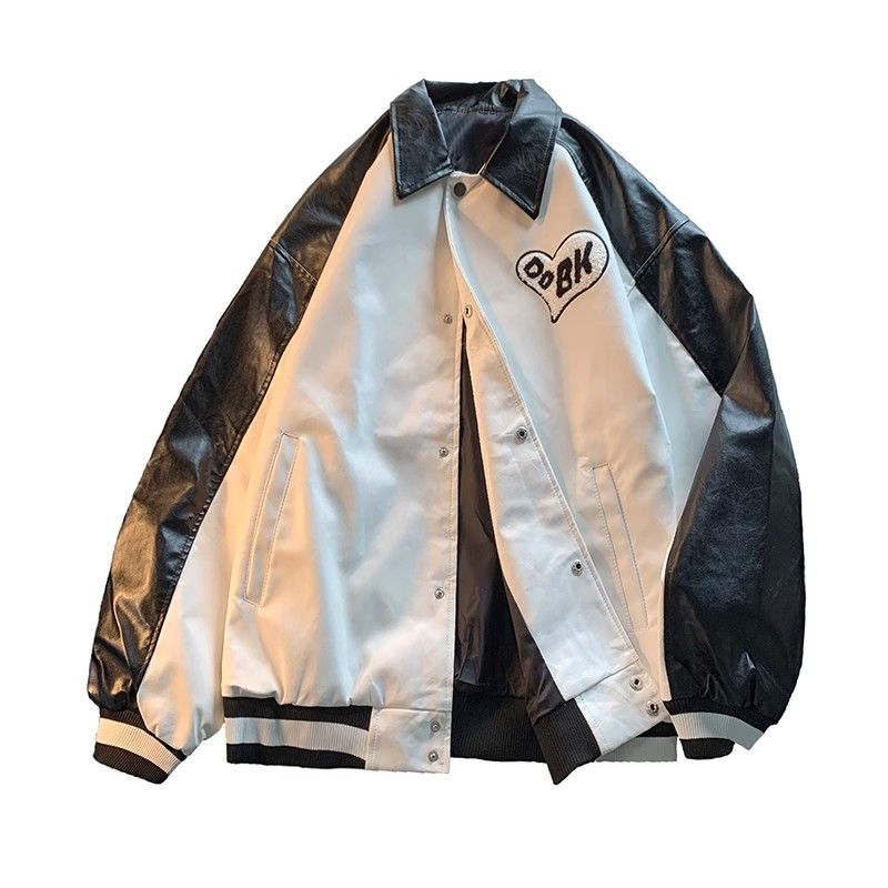 レザージャケット 合成皮革スタジアムジャンパー バイカラー文字刺繍