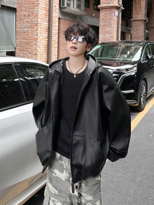 レザージャケット フード付き合成皮革ジャケット オーバーサイズ