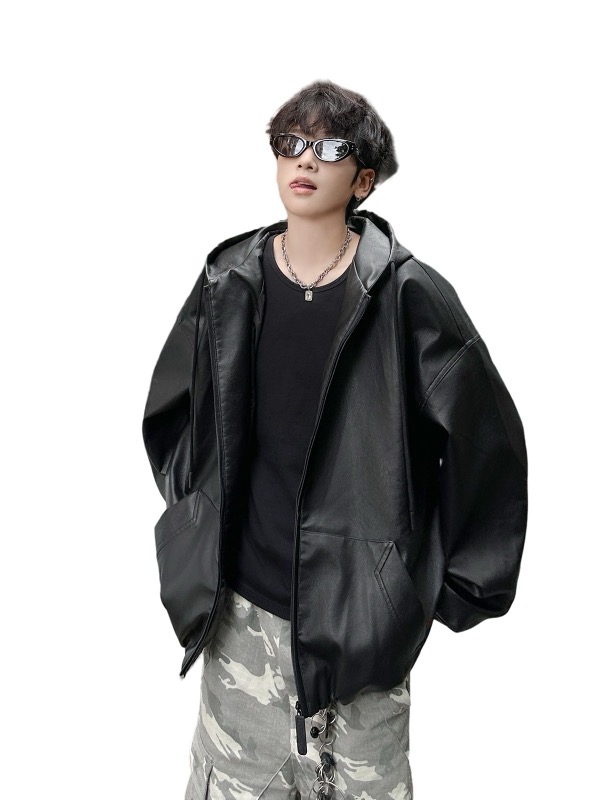 レザージャケット フード付き合成皮革ジャケット オーバーサイズ