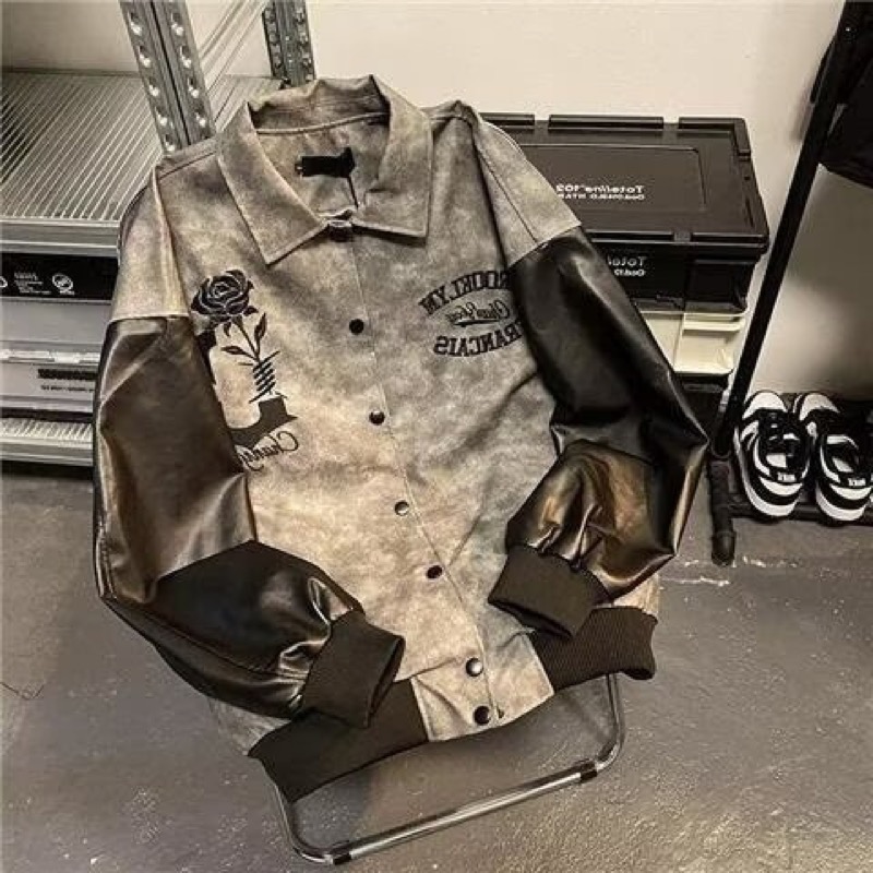 薔薇刺繍切替フェイクレザージャケット