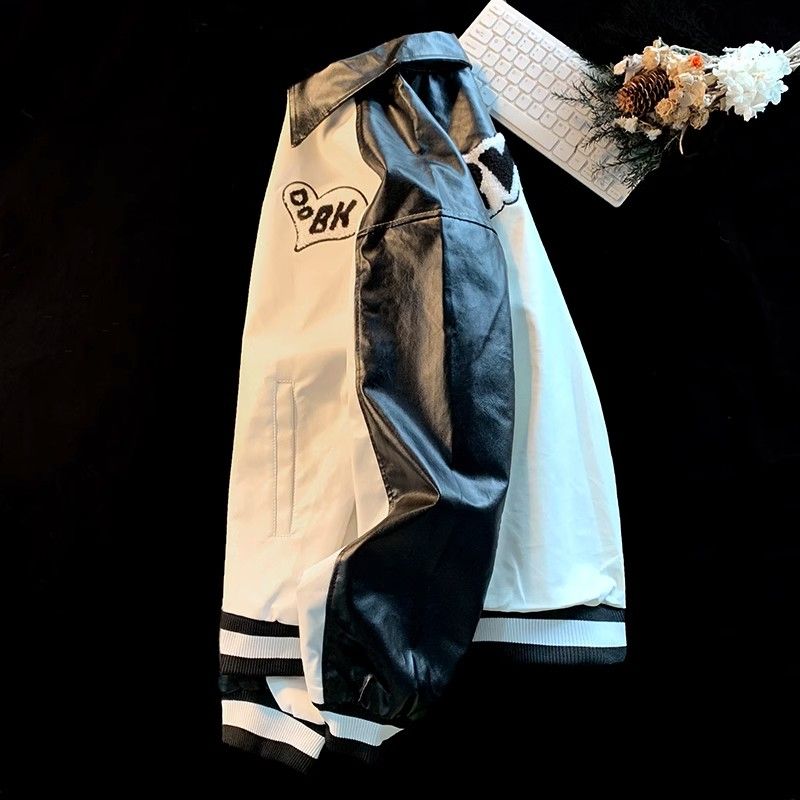 レザージャケット 合成皮革スタジアムジャンパー バイカラー文字刺繍