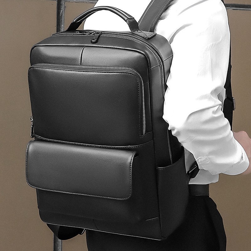 多収納ポケット付き本革調ビジネスレザーリュック