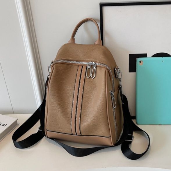 縦ライン装飾付き二層式　通学PUレザーリュック