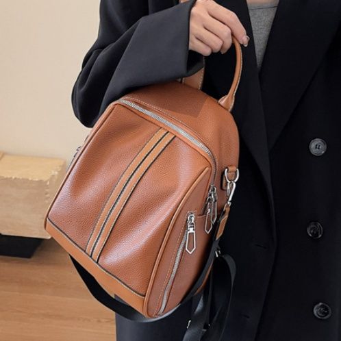 縦ライン装飾付き二層式　通学PUレザーリュック