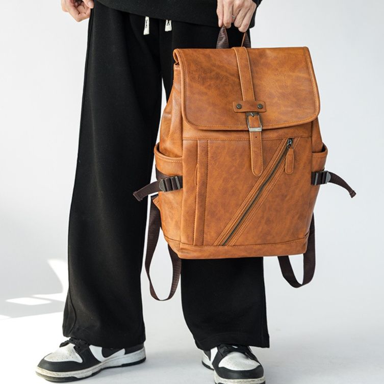 大容量機能的フラップ式　通学PUレザーリュック
