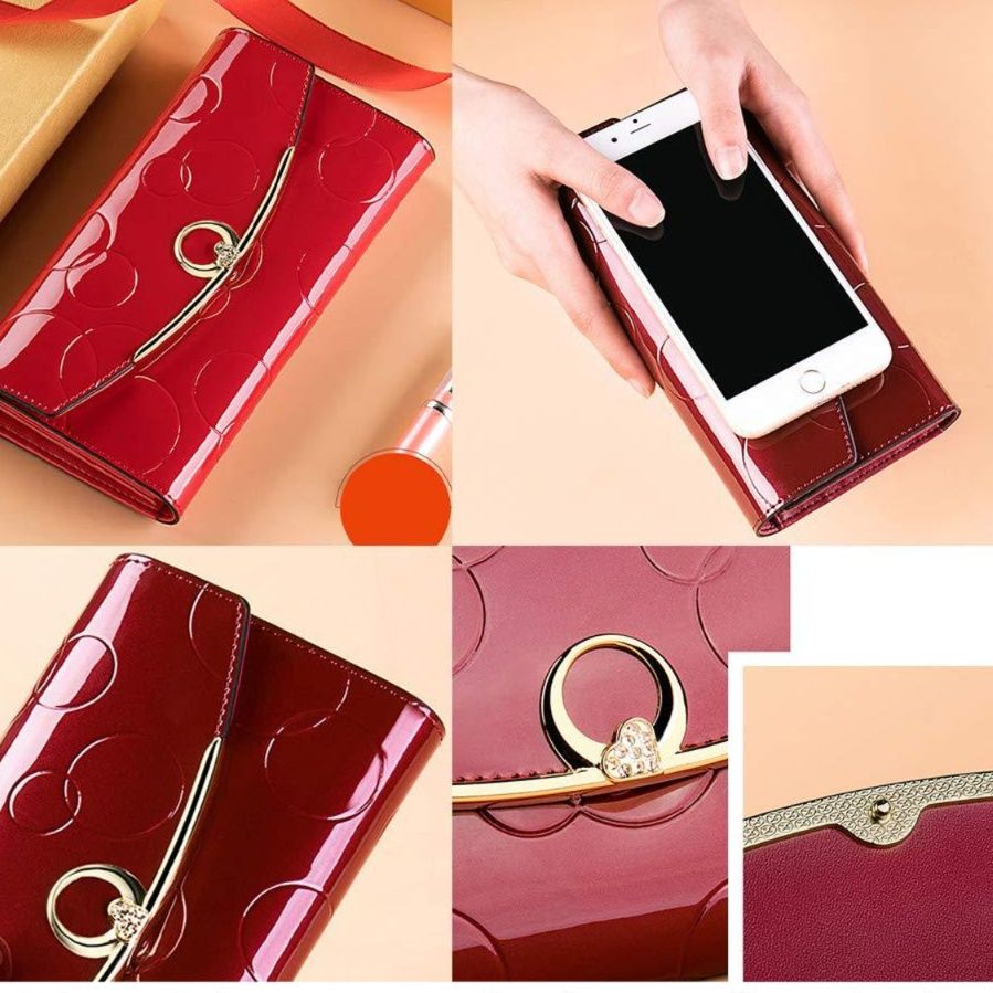 革 財布 エナメル加工サークル模様の三つ折り長財布