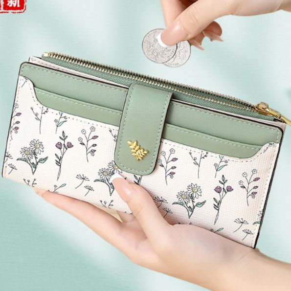 革 財布 花柄刺繍デザイン小銭入れ付きレザー長財布