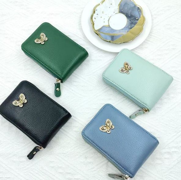 革 財布 蝶モチーフ付き本革じゃばら式カードケース兼コインケース