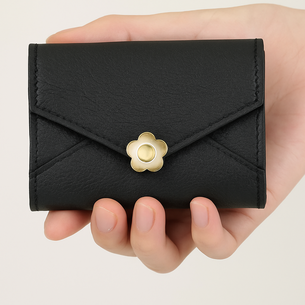 革 財布 花飾り金具付き本革三つ折りカードケース