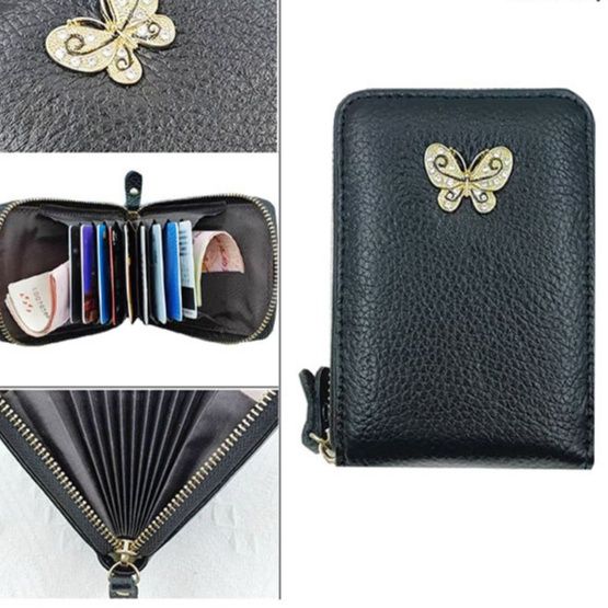 革 財布 蝶モチーフ付き本革じゃばら式カードケース兼コインケース