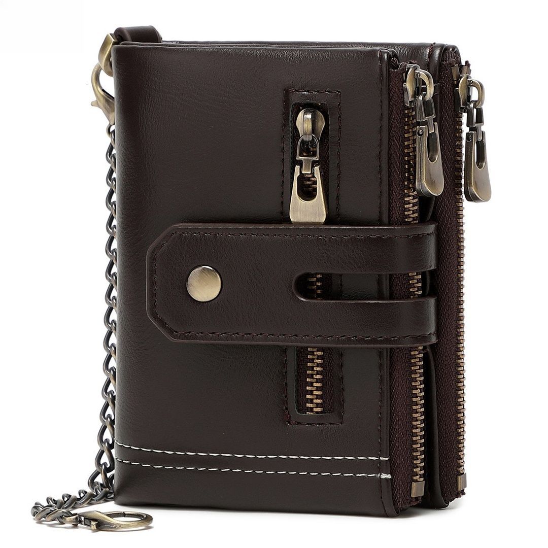 革 財布 防犯機能付きチェーン装飾多機能レザー三つ折り財布