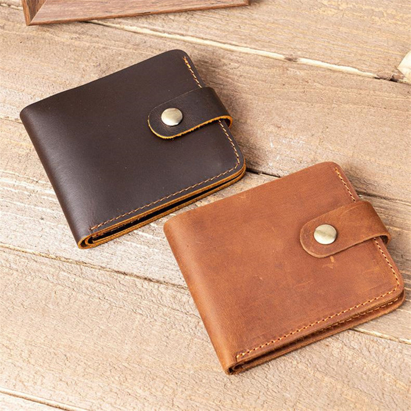 革 財布 本革手縫いボタン留めレザー二つ折り財布