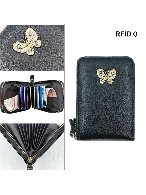 革 財布 蝶モチーフ付き本革じゃばら式カードケース兼コインケース