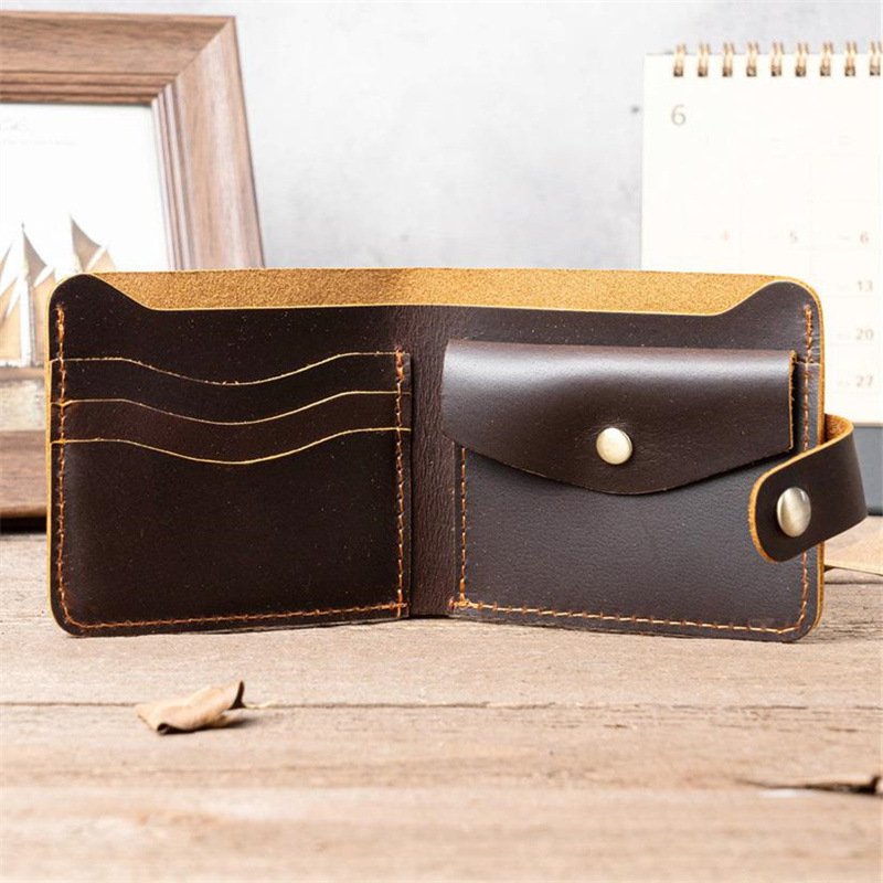 革 財布 本革手縫いボタン留めレザー二つ折り財布