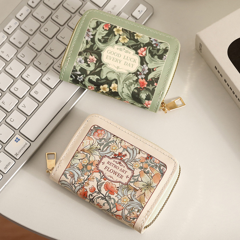 革 財布 花柄アンティーク調ラウンドファスナー二つ折り財布