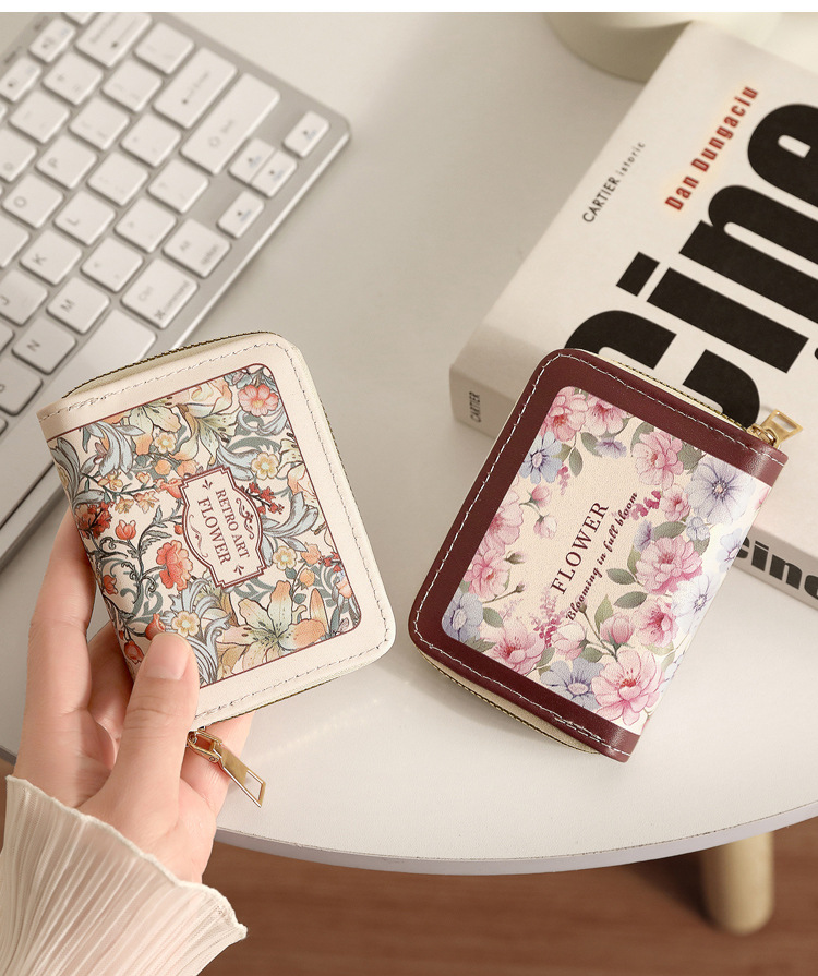 革 財布 花柄アンティーク調ラウンドファスナー二つ折り財布