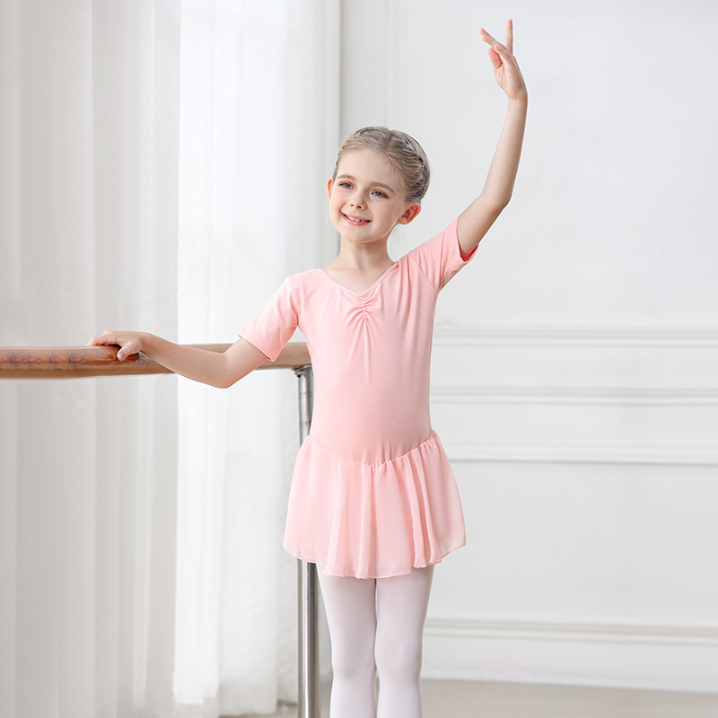 バレエレオタード 胸元リボン付き半袖スカート一体型レオタード