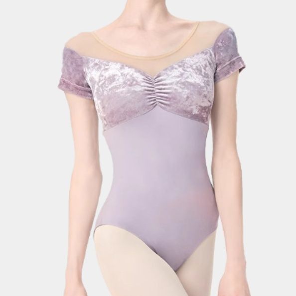 バレエレオタード ベルベット風レース袖付きオフショルダーレオタード