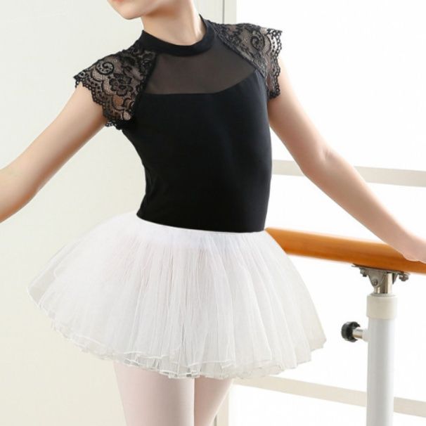 バレエレオタード レース袖シースルーネック付きチュチュスカートレオタード