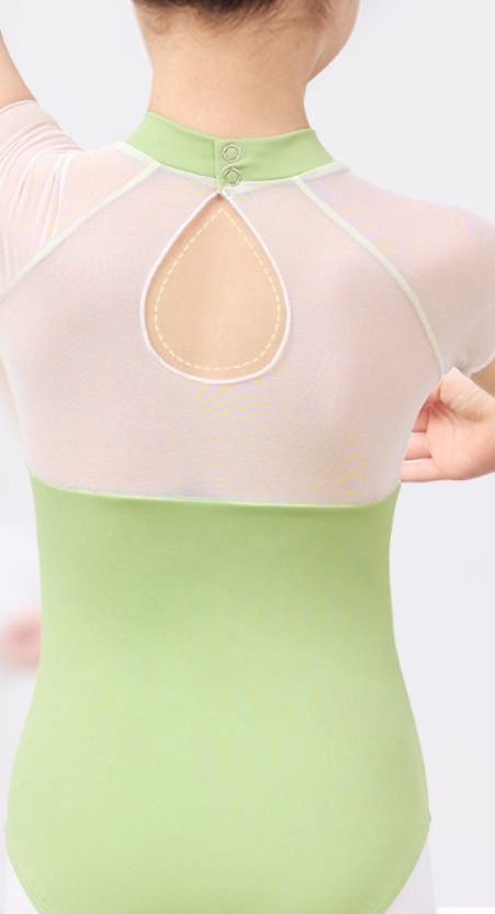 バレエレオタード 水滴背開き刺繍花網紗切替バレエレオタード