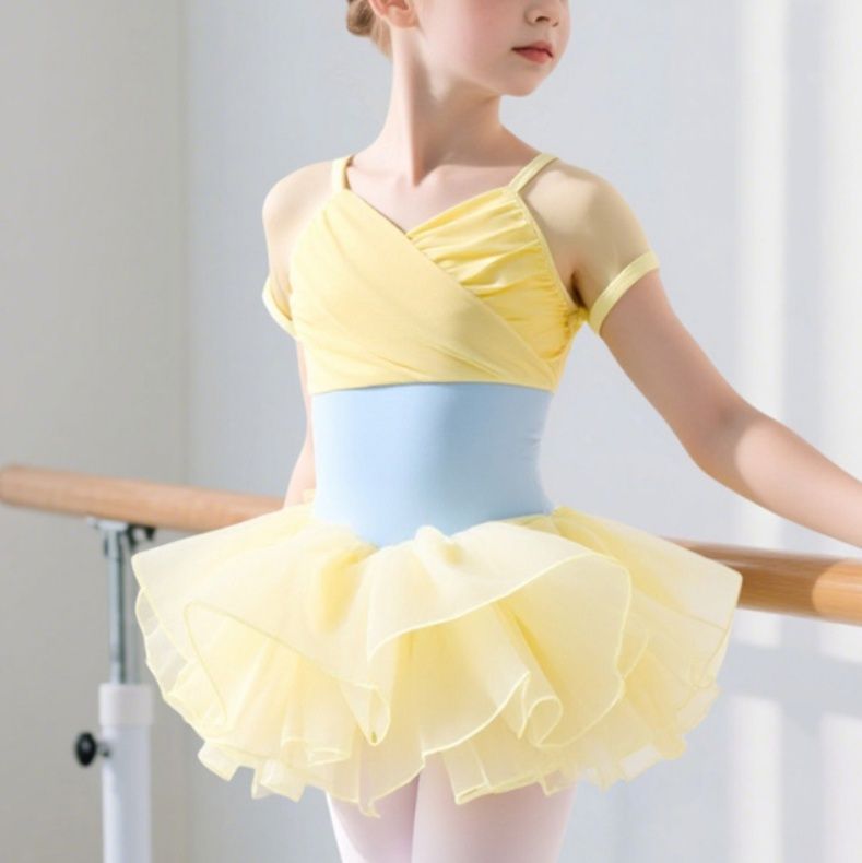 バレエレオタード 子供用交差デザイン半袖バレエレオタード