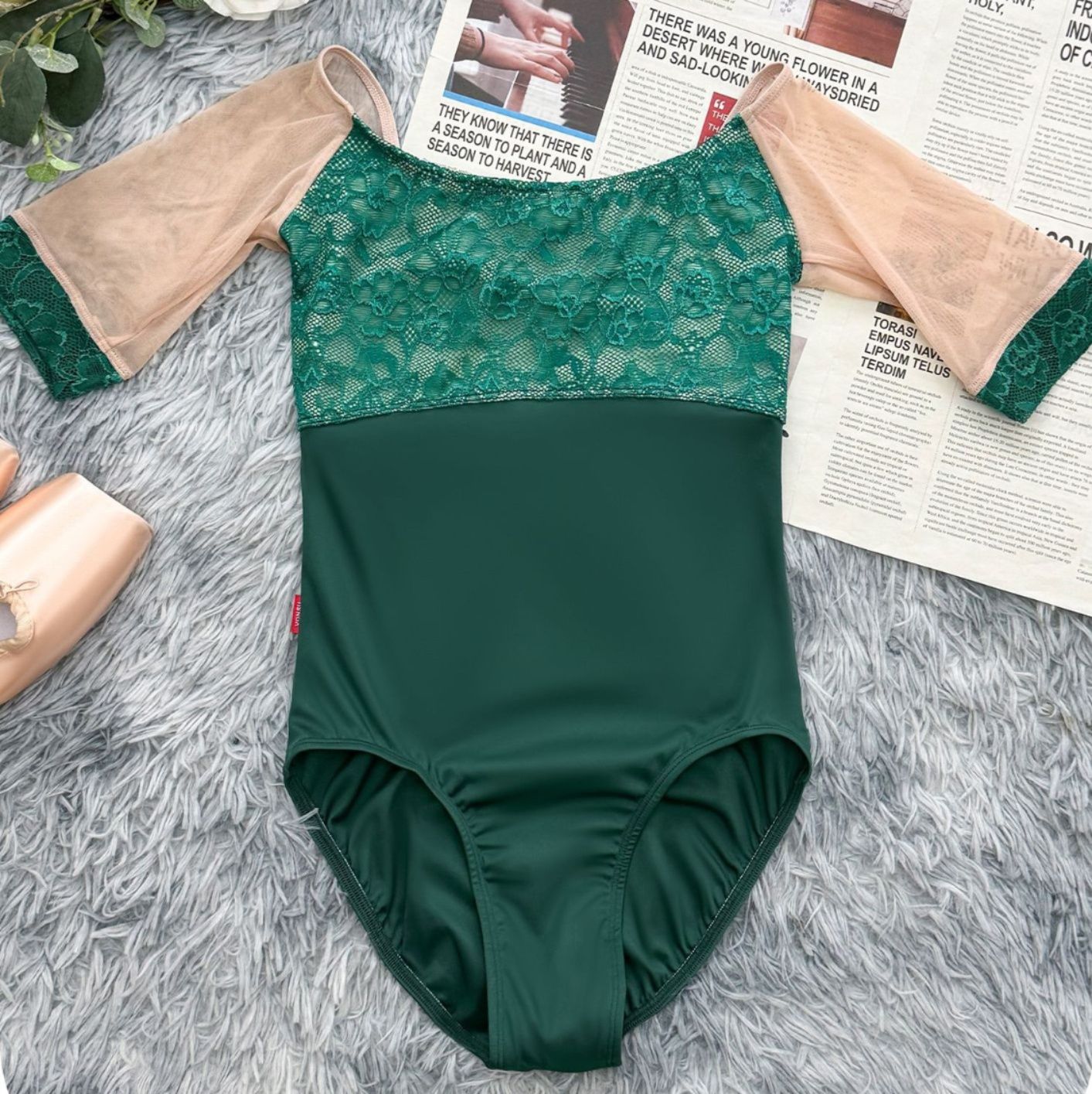 バレエレオタード 花柄レース切替キャミソール型バレエレオタード