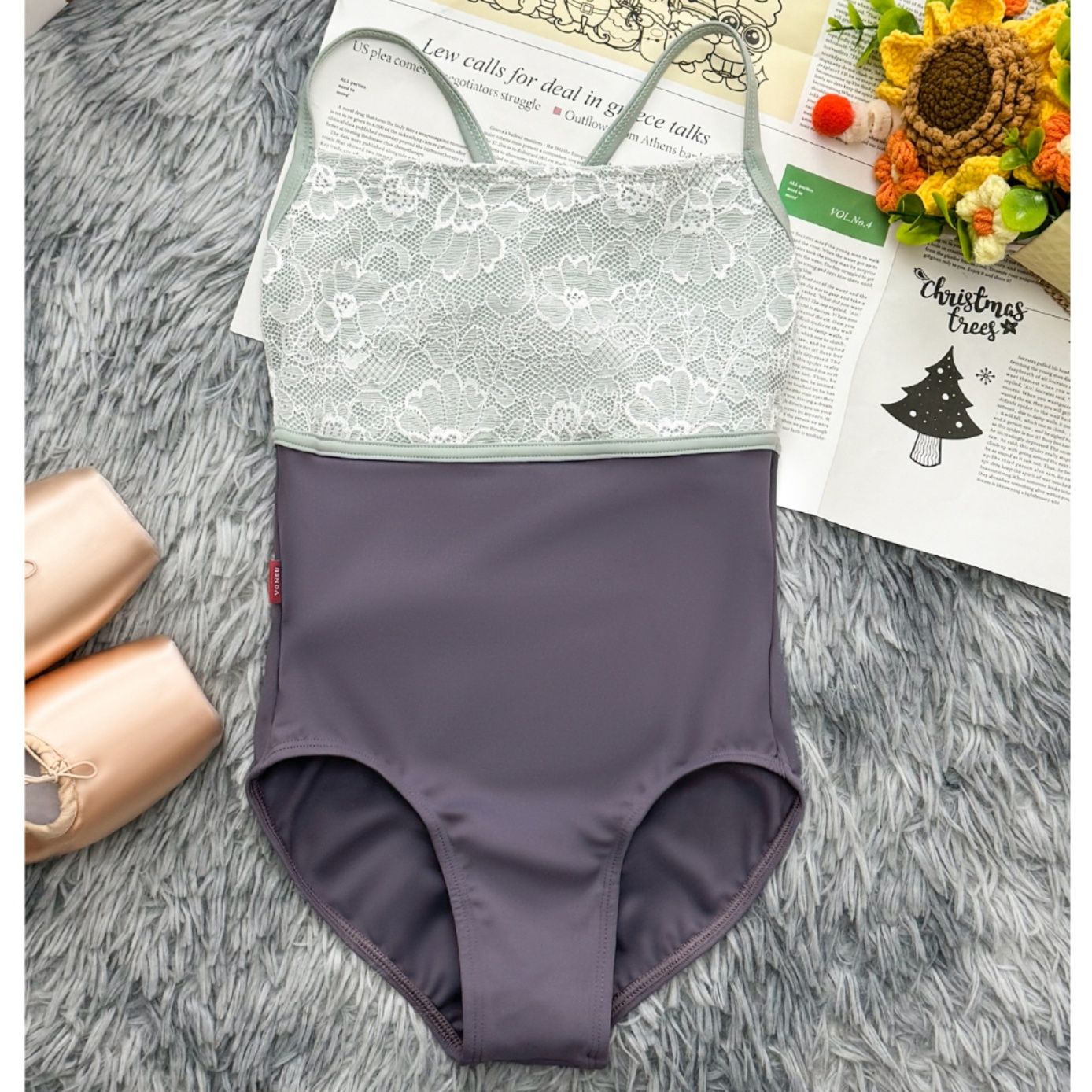 バレエレオタード 花柄レース切替キャミソールバレエレオタード