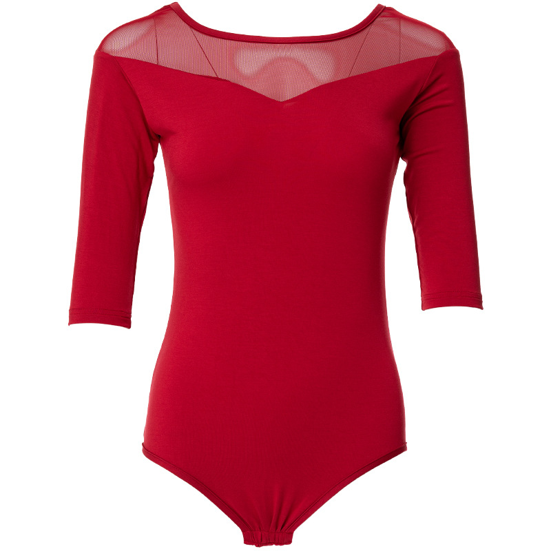 バレエレオタード 透け感シアー切替七分袖バレエレオタード