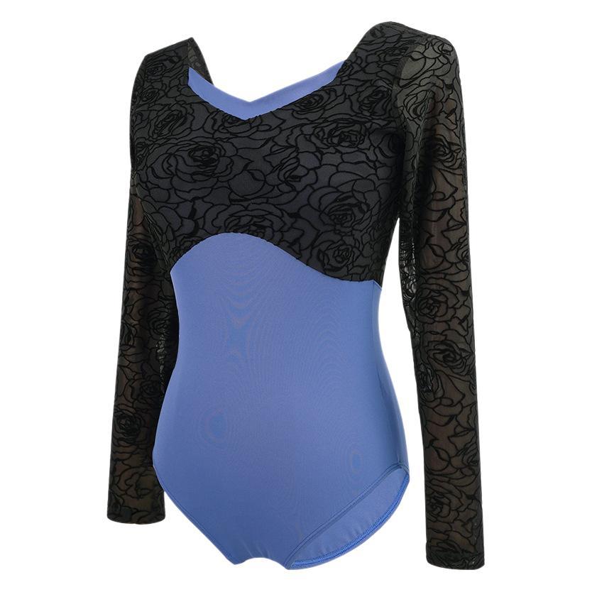 バレエレオタード 薔薇柄レース長袖切替バレエレオタード