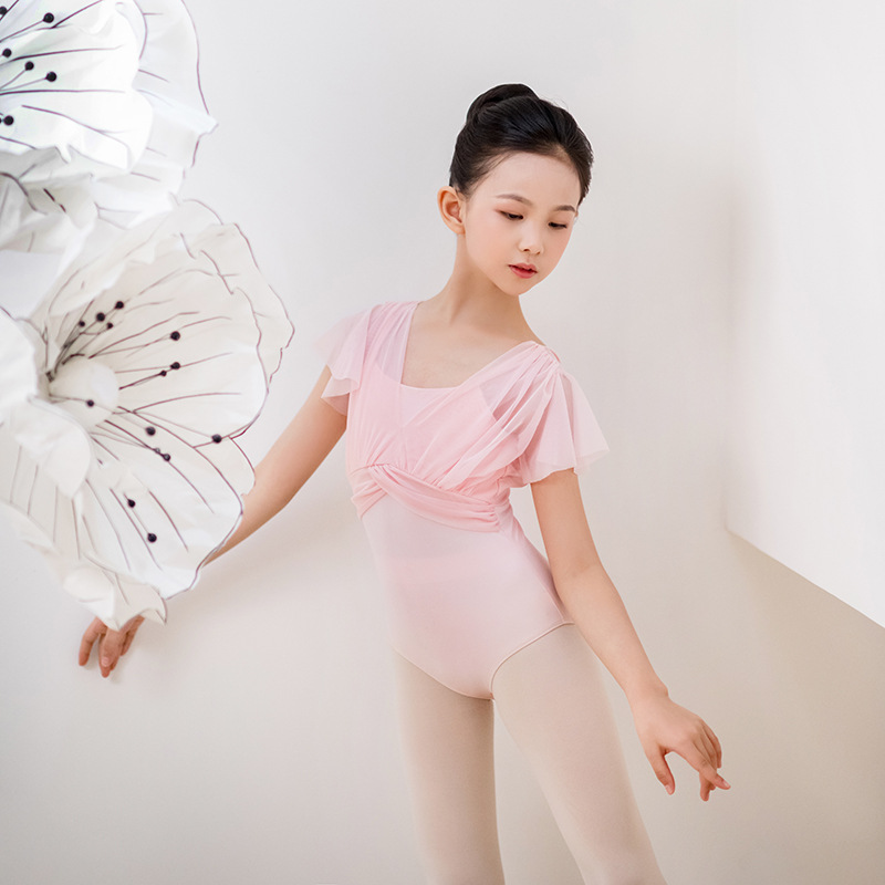 バレエレオタード バタフライスリーブ付きウエストリボンバレエレオタード