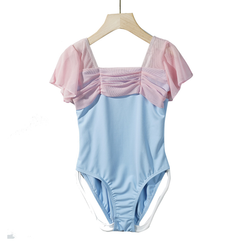 バレエレオタード 胸元ギャザーデザイン半袖バレエレオタード