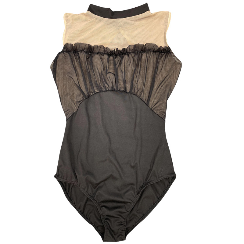 バレエレオタード 異素材切替ギャザーフリル袖なしバレエレオタード