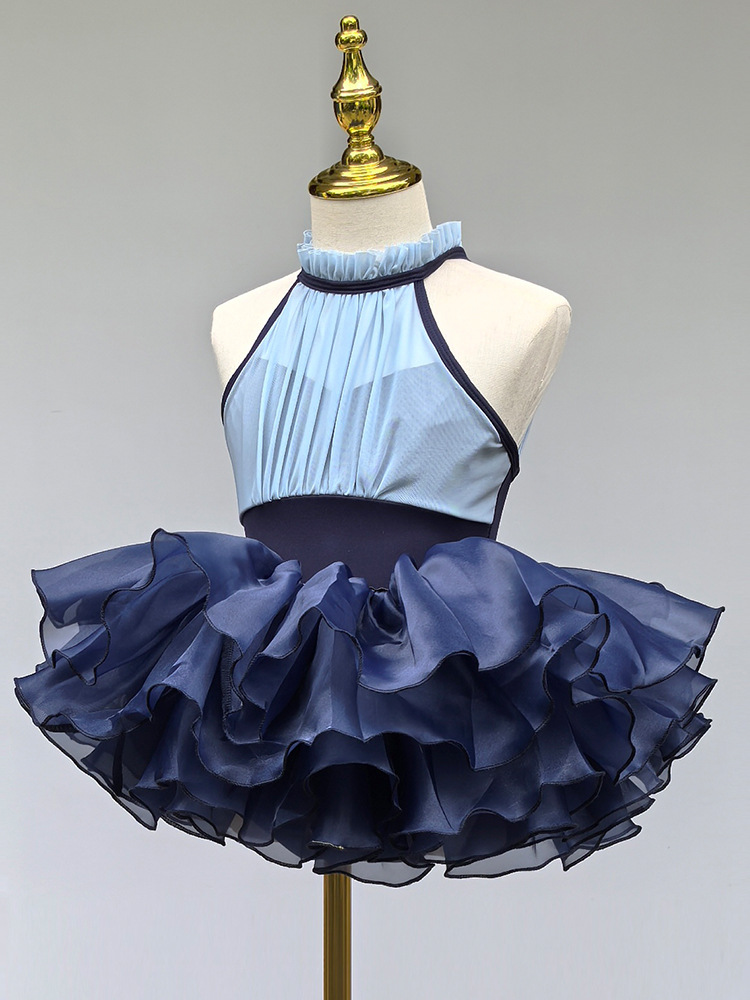 バレエレオタード 首元フリルホルターネック華やかチュチュスカート付きレオタード